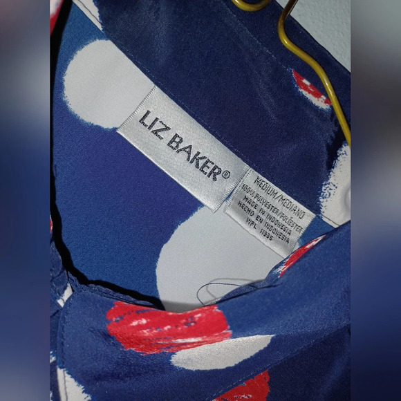 A Vintage Liz Baker Navy Blue Red White Blouse - Picture 8 of 11